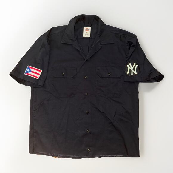 Custom Cropped Dickies Work Shirt Black Yankees & Puerto Rico Patches M 22x26 - Picture 1 of 5